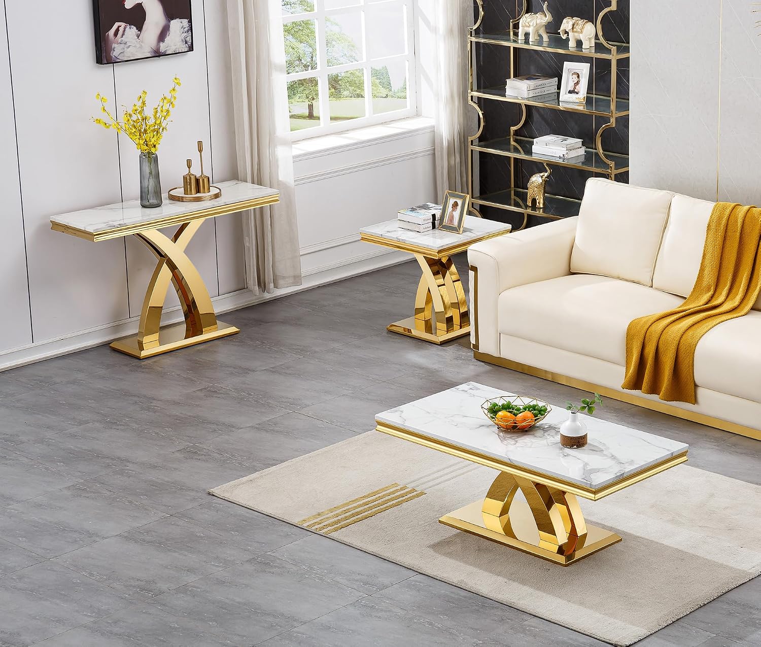 3 Pieces Coffee Table Set, Faux Marble Living Room Table Set of 3, Modern Coffee Table, Console Table and End Table with X-Shaped Stainless Steel Base for Living Room (White Gold)