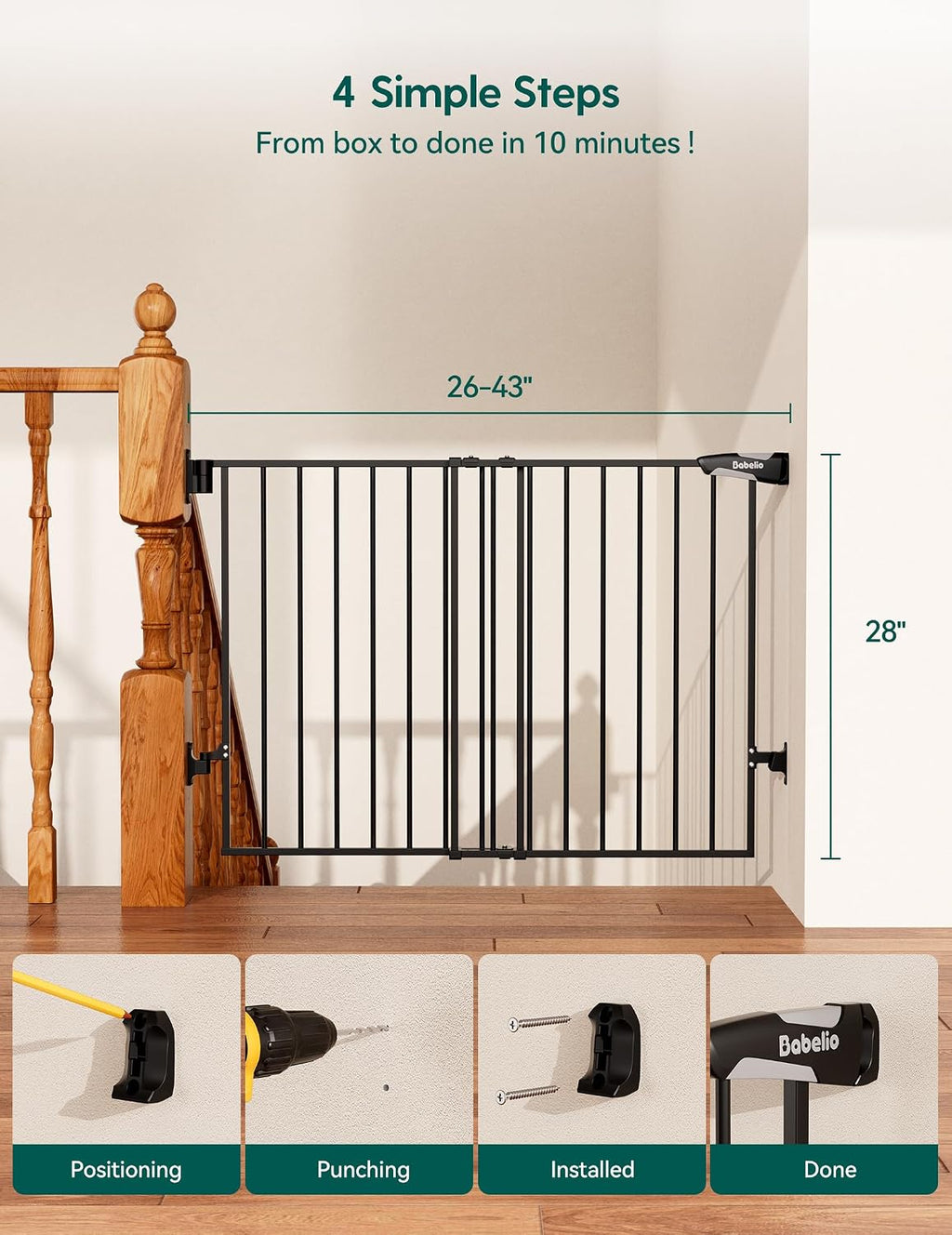 Babelio Baby Gate for Stairs, Kitchen & Doorways, No Bottom Bar| Easy Installation| One-Handed Operation| Auto-Close| Hardware Mount (Drill Needed) Safety Dog Gate (Black - 2 Pcs, 26-43' W, 28' H)