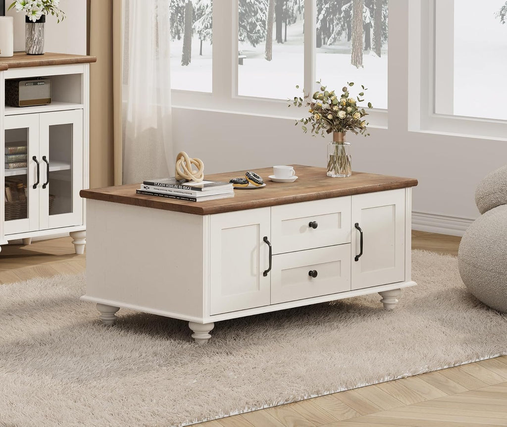 WAMPAT Modern Coffee Table with Storage Cabinet, White Coffee Tables for Living Room, Wood Rectangle Center Table with Drawer, Rustic Tea Table for Home, Off White