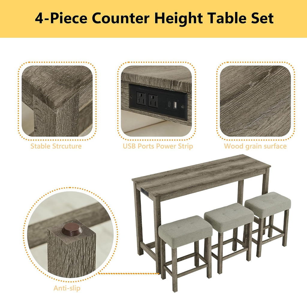 Merax 59' Bar Table Set with Power Outlet,Industrial Breakfast Table with 3 Upholstered Stools w/Footrest,4 Piece Counter Height Bar Table and Chair Set for Living Room,Dining Room,Kitchen,Brown