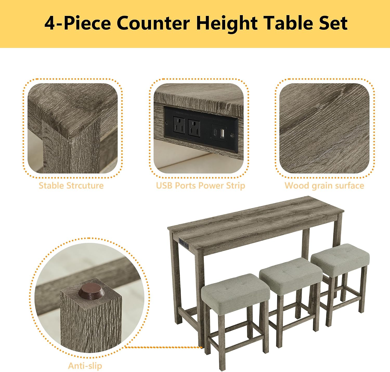 Merax 59' Bar Table Set with Power Outlet,Industrial Breakfast Table with 3 Upholstered Stools w/Footrest,4 Piece Counter Height Bar Table and Chair Set for Living Room,Dining Room,Kitchen,Brown