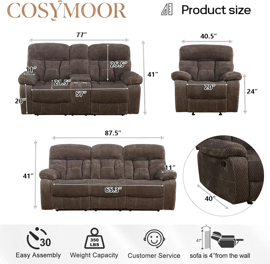 Fabric Recliner Sofa Set with Cup Holder, 3 Pieces Living Room Furniture Sets, Manual Reclining Sofa Set with Storage, Modern Reclining Couches for Living Room/Office