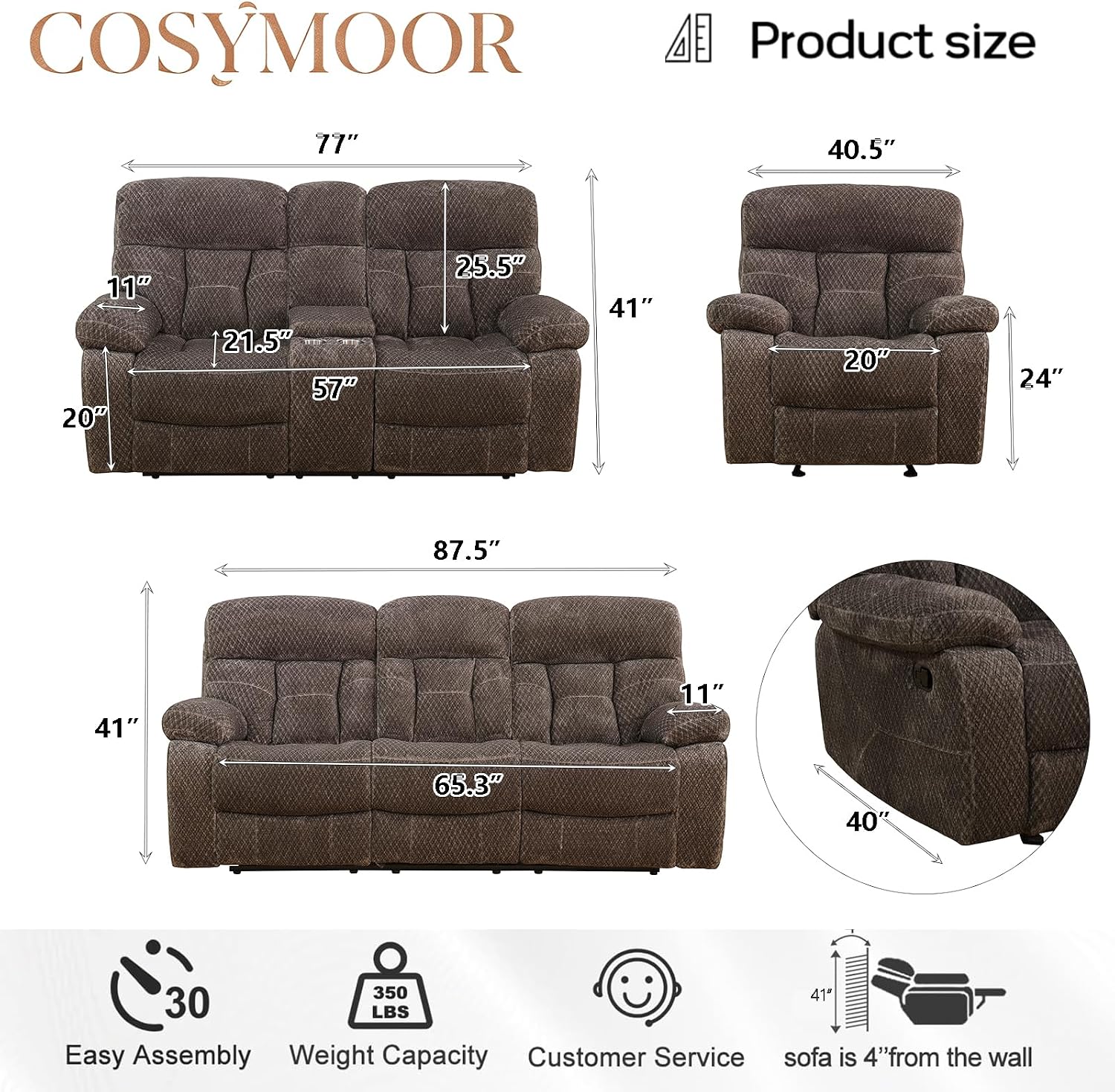 Fabric Recliner Sofa Set with Cup Holder, 3 Pieces Living Room Furniture Sets, Manual Reclining Sofa Set with Storage, Modern Reclining Couches for Living Room/Office