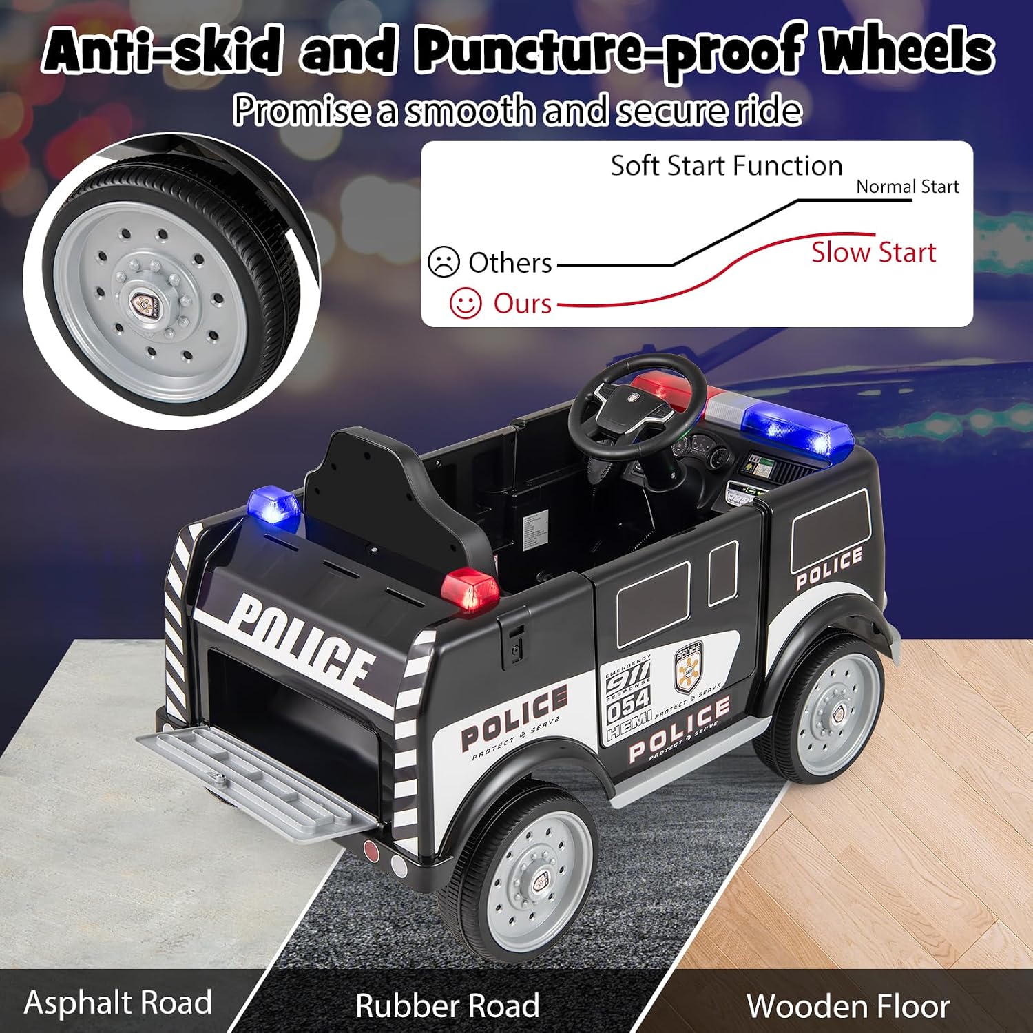 Costzon Ride on Police Car, 12V Battery Powered Electric Cop Cars for Kids w/3 Speeds, Megaphone, Music, FM Radio, Flashing Lights, Sirens, Ride on Toy w/Remote Control for Boys Girls 3+(Police Truck)