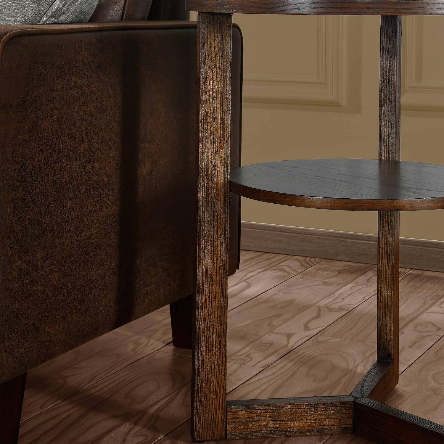 PADMA HOUSE 19.3' Round Wood End Table, 2-Tier Solid Wood Rounded Accent Side Table Circle Nightstand Table with Storage Shelf Vintage Furniture for Home Living Room Bedroom,Rustic Brown 3338NC
