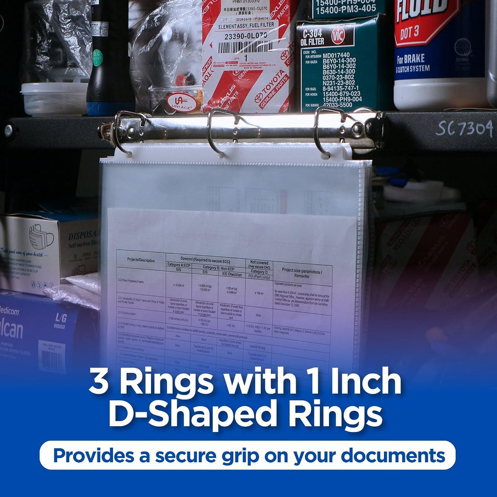 10 Pack Magnetic 3 Ring Binder Mechanism for Hanging, 1 Inch D-Ring Holds 225 Sheets, Heavy Duty for 8.5x11 Paper - Ring Binder Depot - 50 Sheet Protectors, 5S Organization