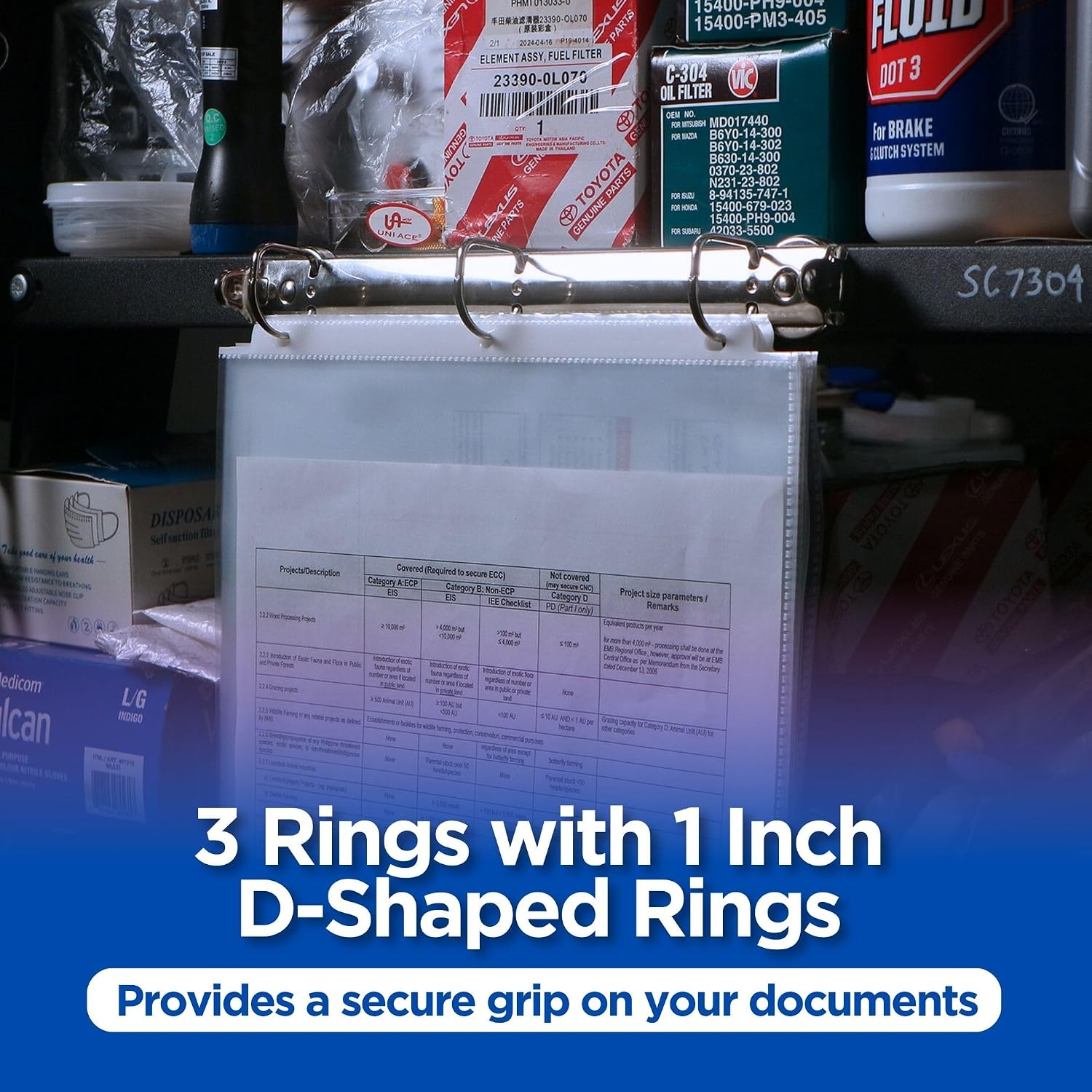 10 Pack Magnetic 3 Ring Binder Mechanism for Hanging, 1 Inch D-Ring Holds 225 Sheets, Heavy Duty for 8.5x11 Paper - Ring Binder Depot - 50 Sheet Protectors, 5S Organization