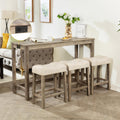 Merax 4 Piece Bar Table Set with Power Outlet,Behind Sofa Couch Table with 3 Linen Fabric Padded Saddle Seat Stools,for Living Room,Dining Room（Brown+Beige）