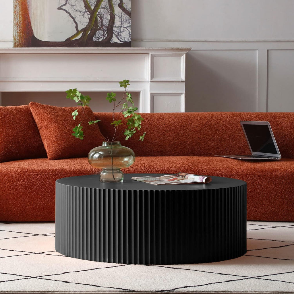 35.43'' Black Round Fluted Coffee Table Wood Circle Coffee Table for Living Room, Modern Contemporary Style, No Assembly, Black