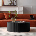 KEIKI 35' Round MDF Coffee Table with Handcrafted Relief Design, Modern Style Circle Coffee Table, No Assembly Required, for Living Room, Bedroom, Reception Room, Office, Matt Black