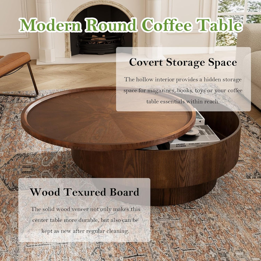 30.7' Round Coffee Table with Storage Modern Stylish Circle Storages Coffee Table with Solid Wood Veneered for Living Room Study Balcony Farmhouse (Circle Storage Table 30.7in)
