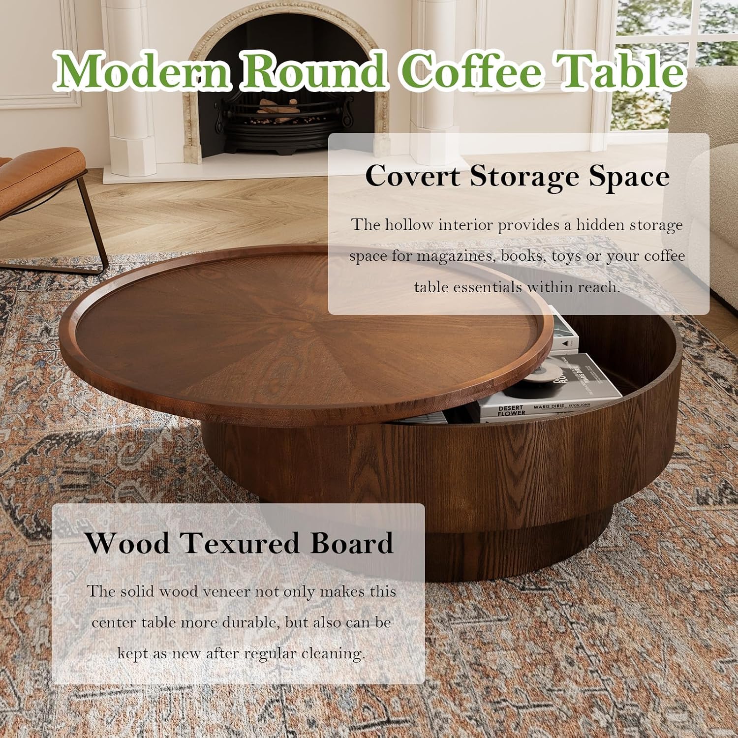 30.7' Round Coffee Table with Storage Modern Stylish Circle Storages Coffee Table with Solid Wood Veneered for Living Room Study Balcony Farmhouse (Circle Storage Table 30.7in)