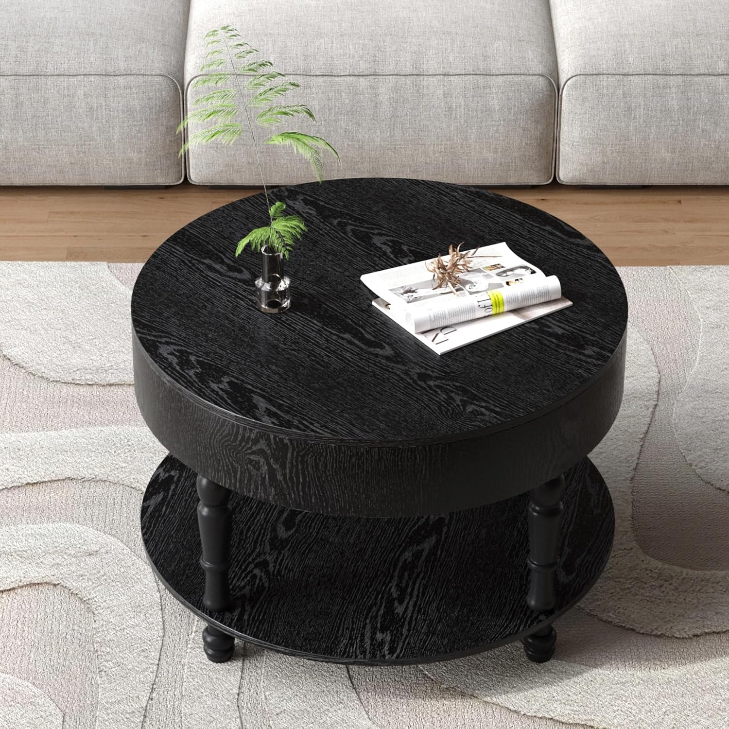 31.5'' Round Coffee Table with Storage Space, 2-Tier Modern Rustic Wood Circle Coffee Table for Living Room, Moveable Table Top & Easy Assembly, Black