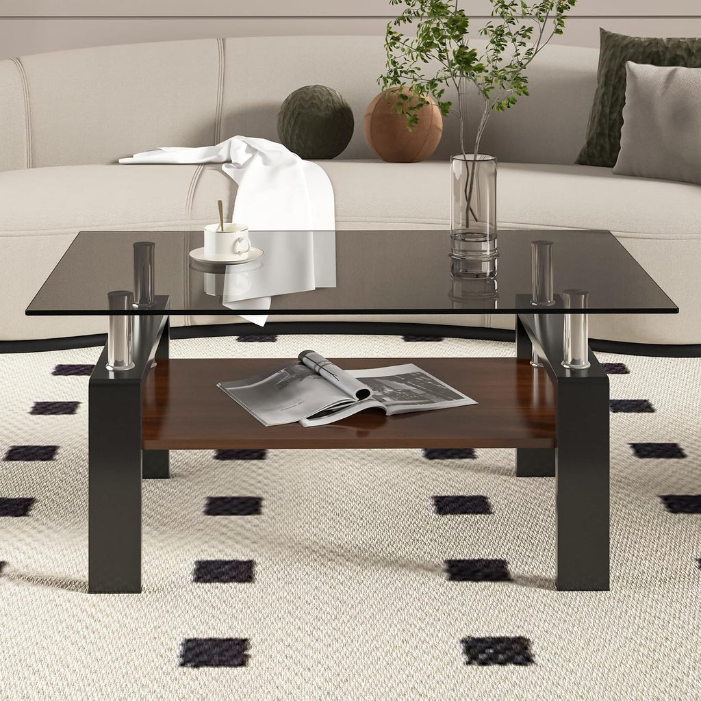 Modern Glass Coffee Table Set of 3 with Storage, Black End Tables with Metal Leg, Gray Rectangle Tempered Glass Center Table for Living Room Furniture