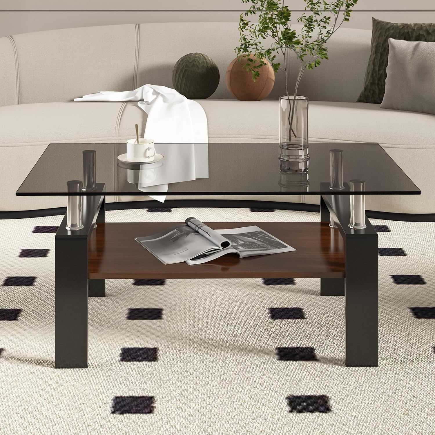 Modern Glass Coffee Table Set of 3 with Storage, Black End Tables with Metal Leg, Gray Rectangle Tempered Glass Center Table for Living Room Furniture