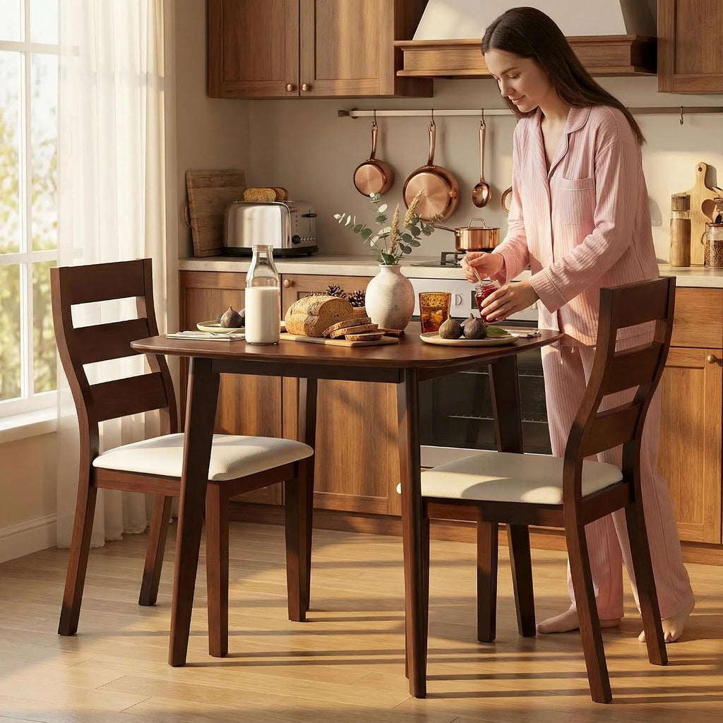 Tangkula Compact Dining Table Set for 2, Wooden Round Kitchen Table & 2 Chairs with Cushioned Seats, 3-Piece Dining Set for Small Spaces, Kitchen, Living Room
