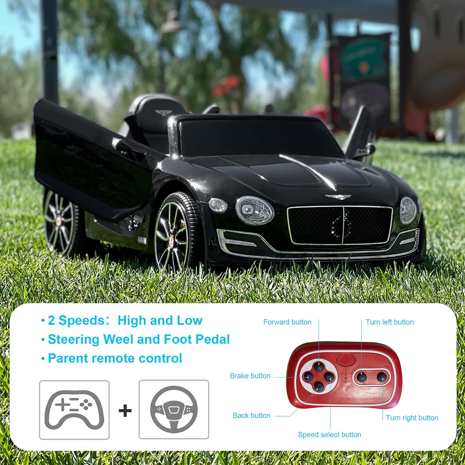 SEHOMY 12V Bentley Electric car for Kids with Remote, EXP12 Kid Cars to Drive Battery Powered Ride On Vehicle with 4 Wheels, Foot Pedal, 2 Speeds, Music, Aux, LED Headlight, Music Player Black
