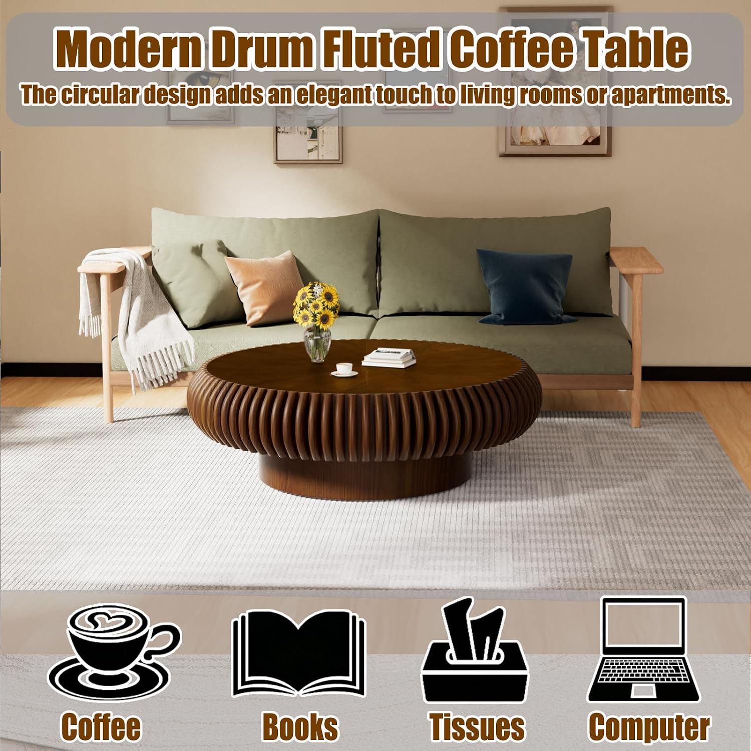 39.37' Round Drum Coffee Table, Modern Fluted Coffee Tables with Solid Wood Veneer, Wooden Circle Center Table for Living Room, Small Spaces, and Apartments, Easy Assembly