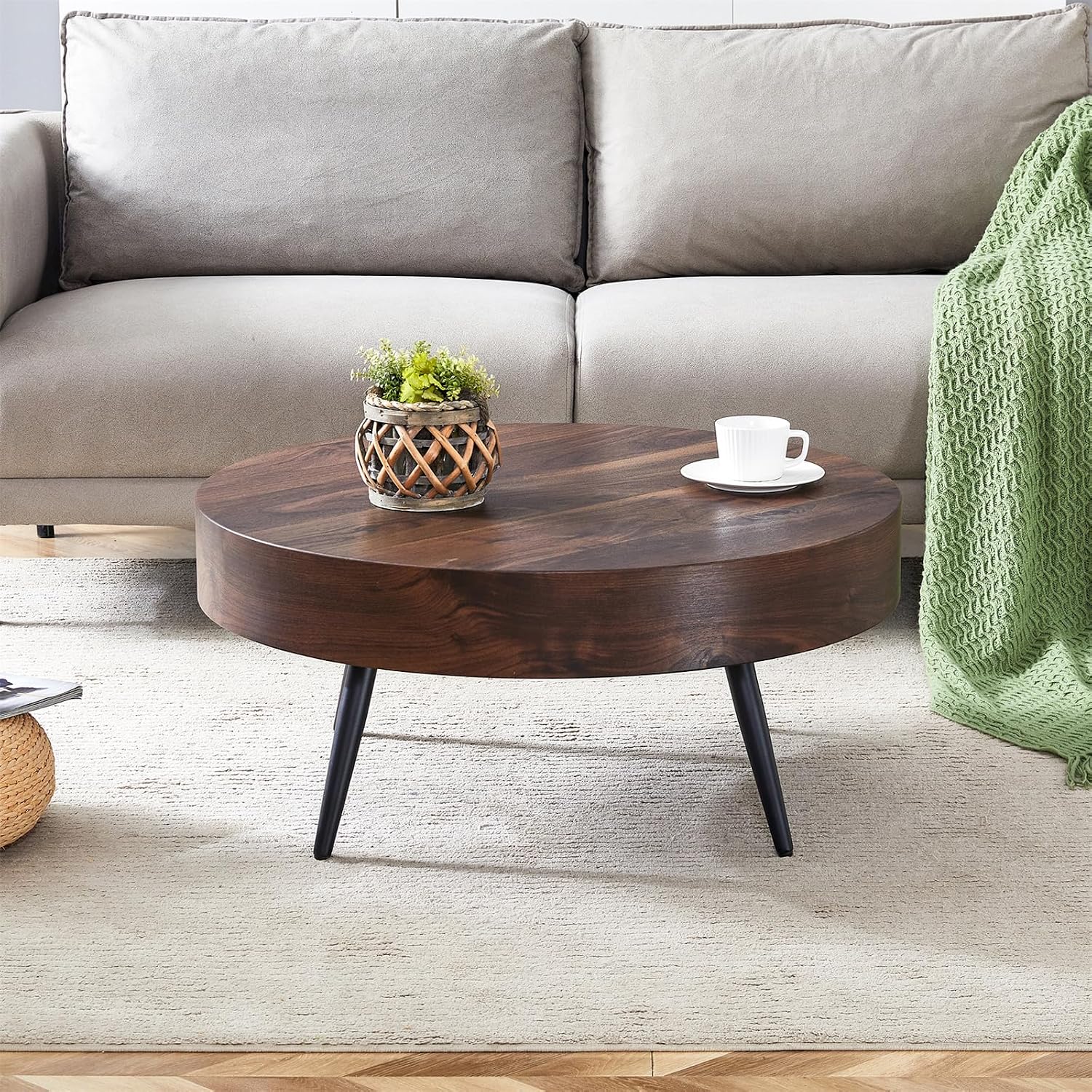 Round Coffee Table, Small Wood Coffee Table with Storage, Modern Mid Century Circle Tables Accent Center Tables for Living Room Apartment Small Space (31.5''D-Walnut)