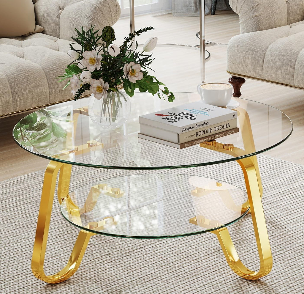 Rovibek Round Glass Coffee Table, 31.5 Modern Round Glass Coffee Tables with Storage and Metal Frame, 2-Tier Tempered Glass Top Small Center Table for Living Room, Easy Assembly, Gold