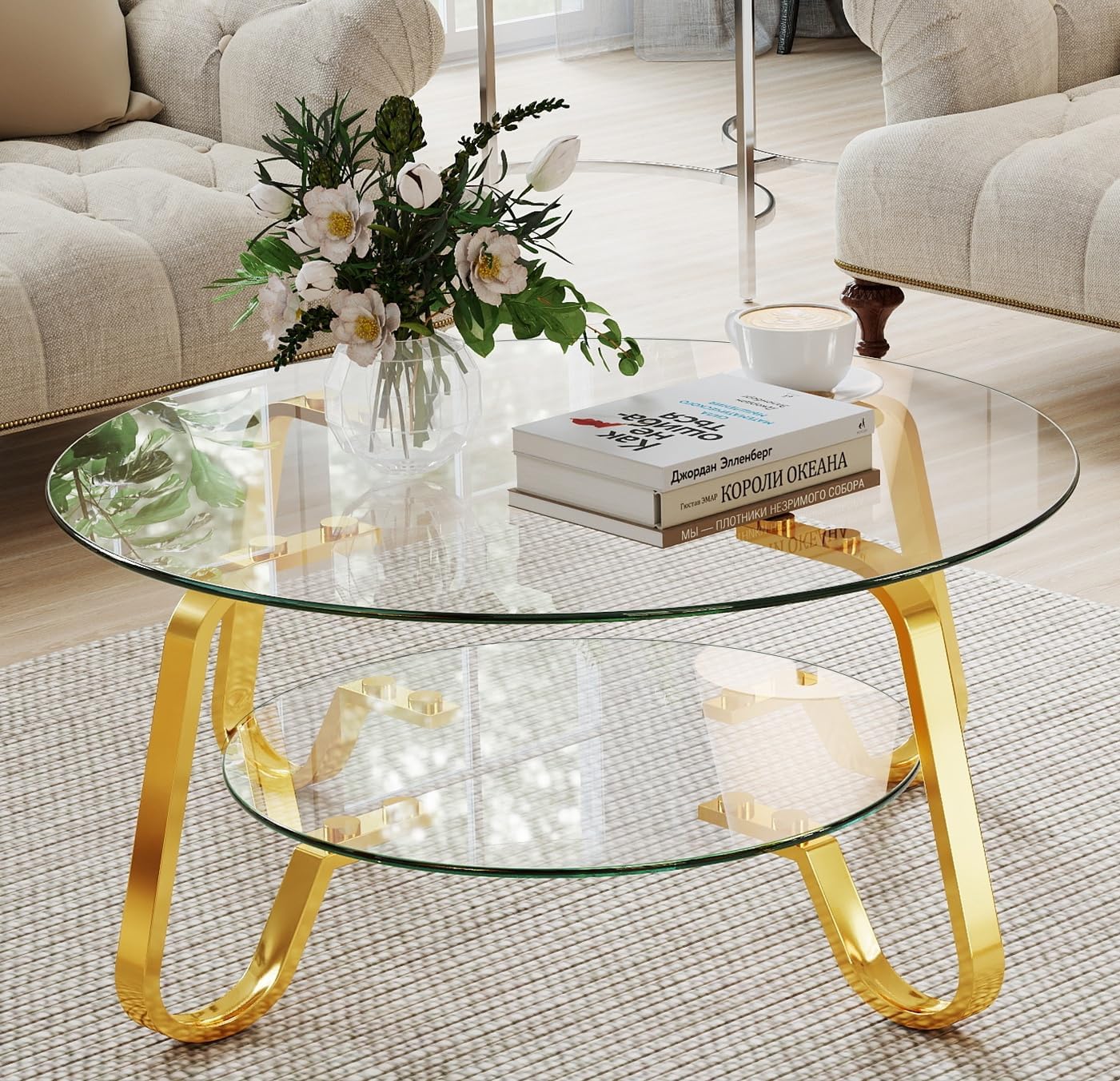 Rovibek Round Glass Coffee Table, 31.5 Modern Round Glass Coffee Tables with Storage and Metal Frame, 2-Tier Tempered Glass Top Small Center Table for Living Room, Easy Assembly, Gold