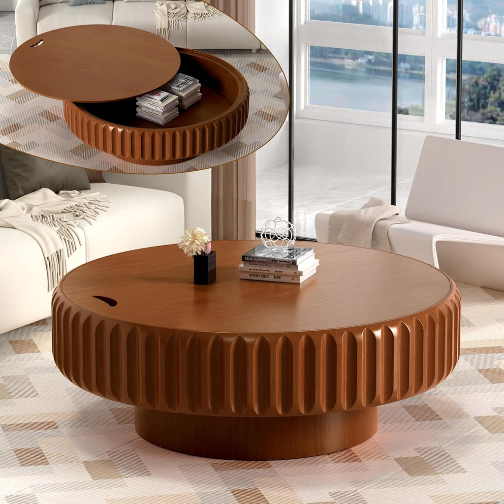39.37' Round Drum Coffee Table with Storage Rustic Chic Fluted Center Table - Handcraft Solid Wood Veneer Edge for Living Room Farmhouse (A 39.37in)