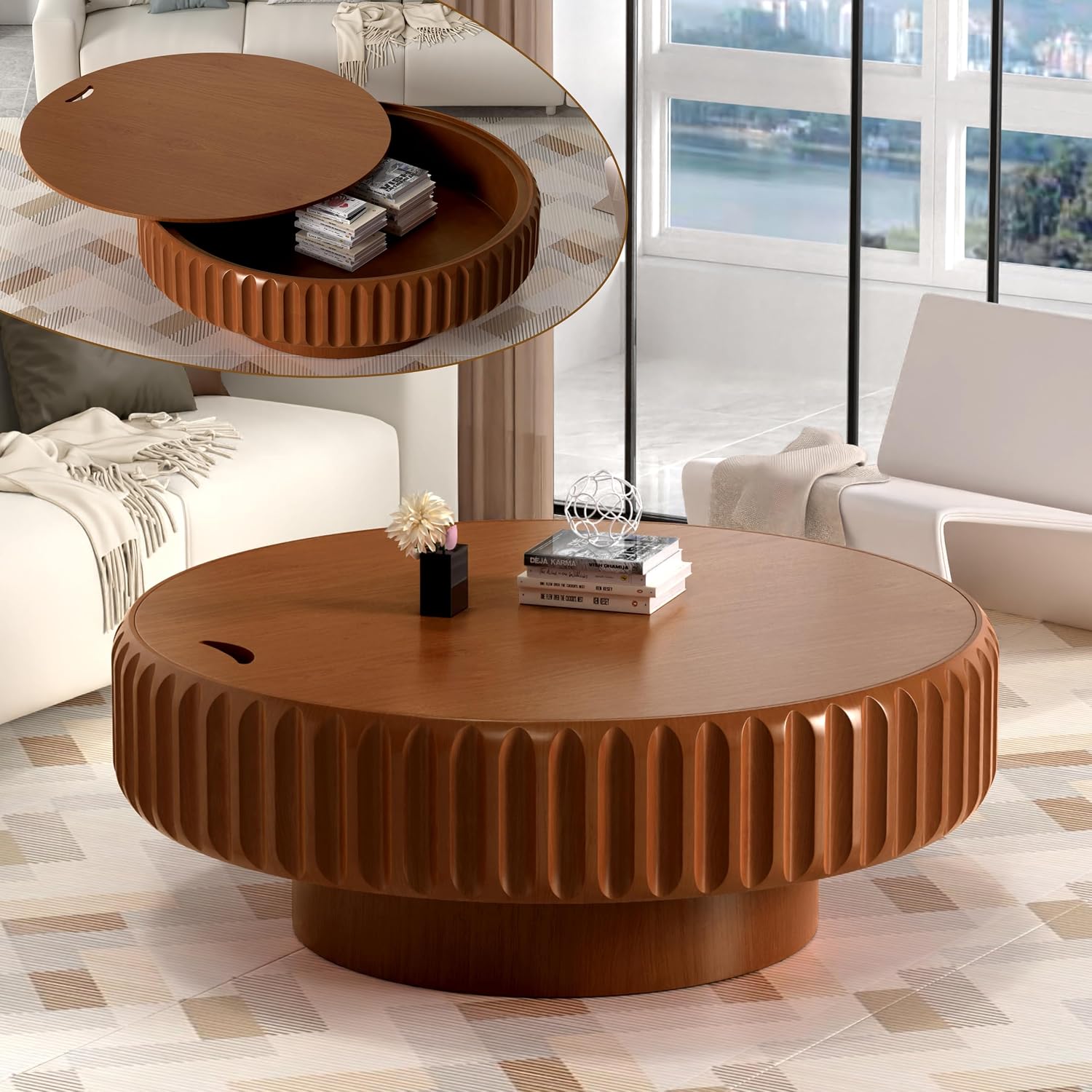 39.37' Round Drum Coffee Table with Storage Rustic Chic Fluted Center Table - Handcraft Solid Wood Veneer Edge for Living Room Farmhouse (A 39.37in)