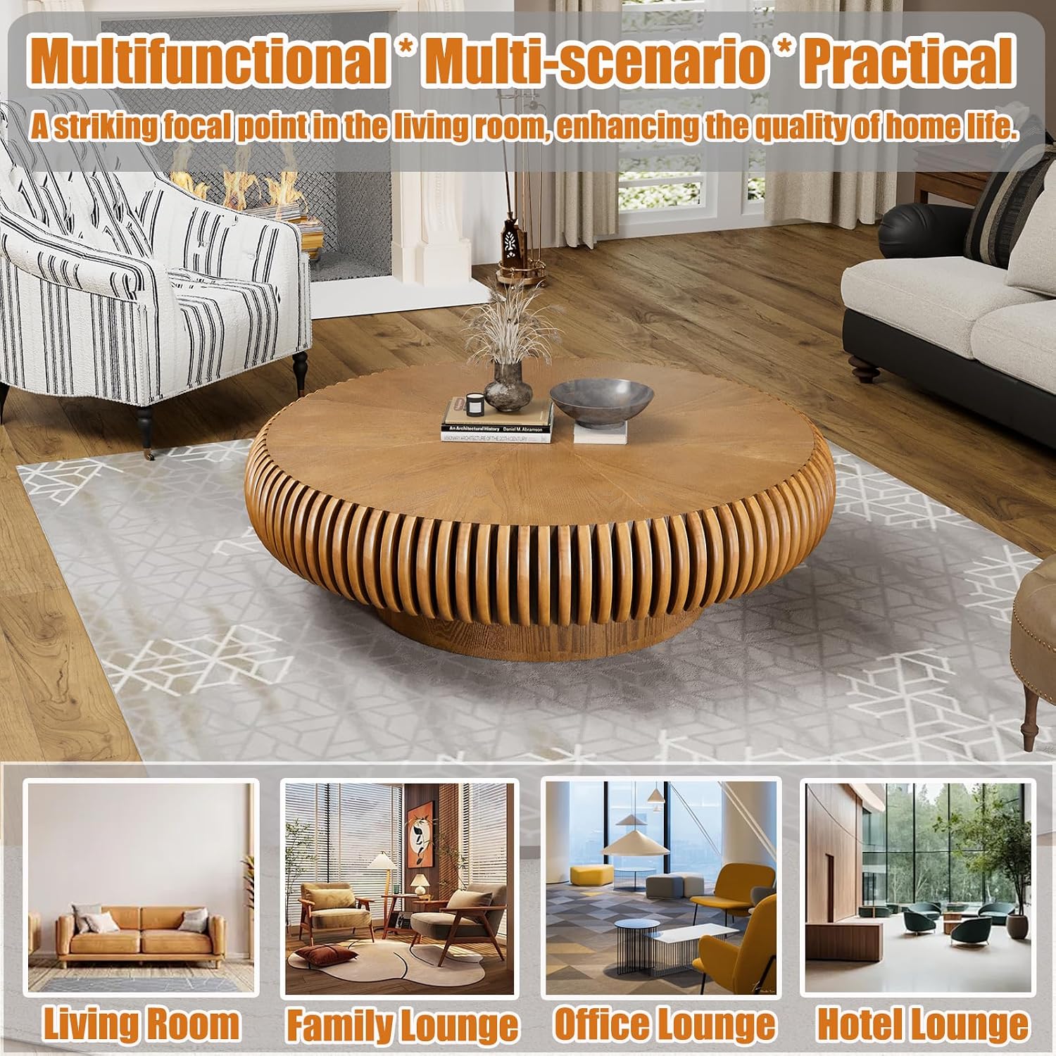 39.37' Round Drum Coffee Table, Modern Fluted Coffee Tables with Solid Wood Veneer, Wooden Circle Center Table for Living Room, Small Spaces, and Apartments, Easy Assembly