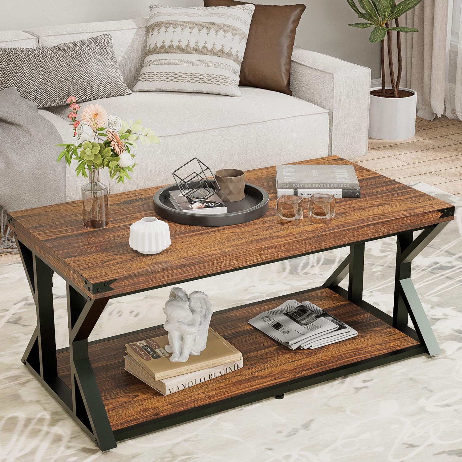43 Inch Industrial Coffee Table, 2-Tier Rectangle Center Table with Storage Shelf, Wood and Metal Cocktail Table for Living Room, Rustic Brown