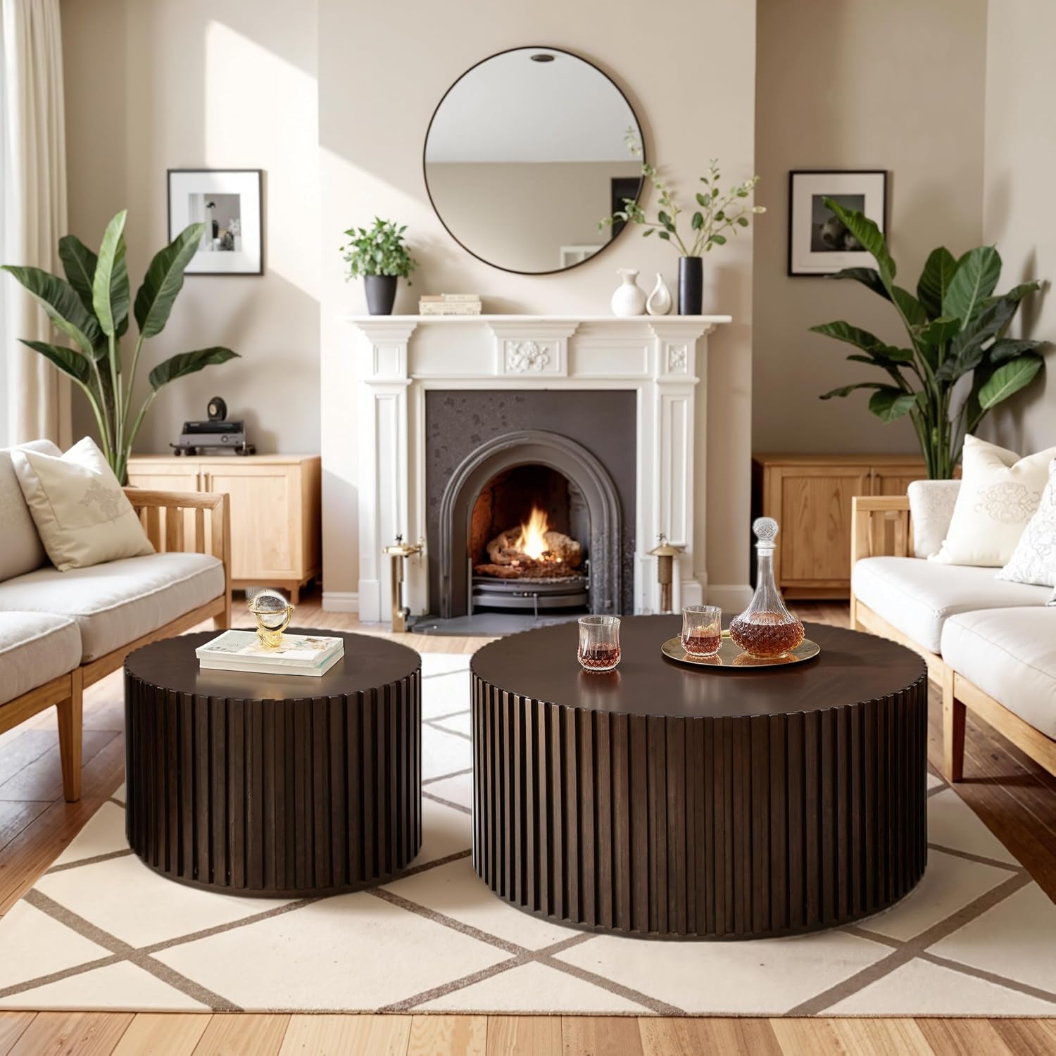 Round Wood Coffee Table Set of 2, Handcraft Drum Side Table End Table for Living Room, Modern Circle Wooden Coffee Table Set for Small Space, No Need Assembly(Deep Brown,31x31x16 in)
