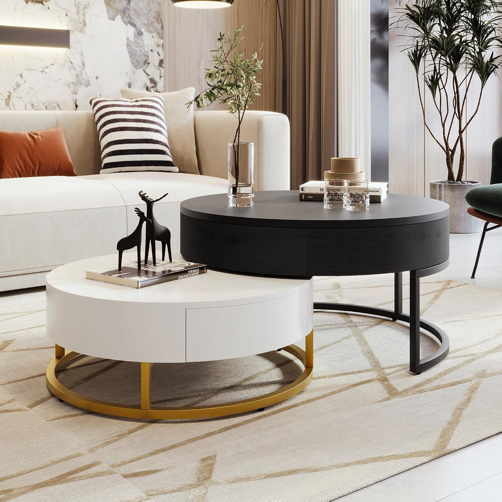 Round Lift-Top Nesting Coffee Table Set of 2, Modern Coffee Table with 2 Storage Drawers, Circular Wood Center Table Set for Living Room, Apartment, White & Black