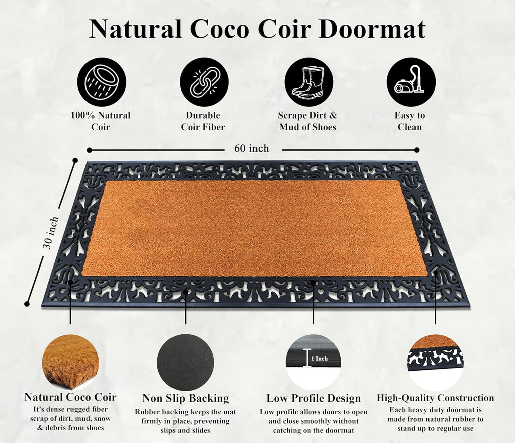A1 Home Collections Natural Coir & Rubber Door Mat, 30'x60' - Thick, Durable, Heavy Duty, Anti-Shed, Fade-Resistant, Long-Lasting Outside Entrance Large Doormat for Front Porch