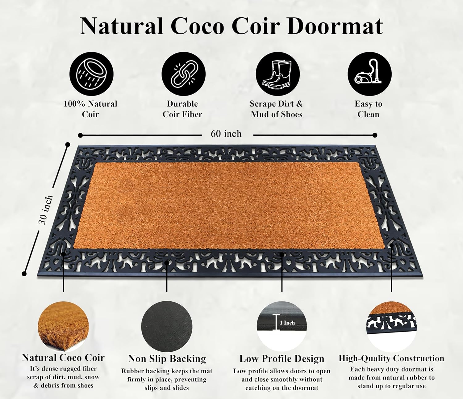 A1 Home Collections Natural Coir & Rubber Door Mat, 30'x60' - Thick, Durable, Heavy Duty, Anti-Shed, Fade-Resistant, Long-Lasting Outside Entrance Large Doormat for Front Porch
