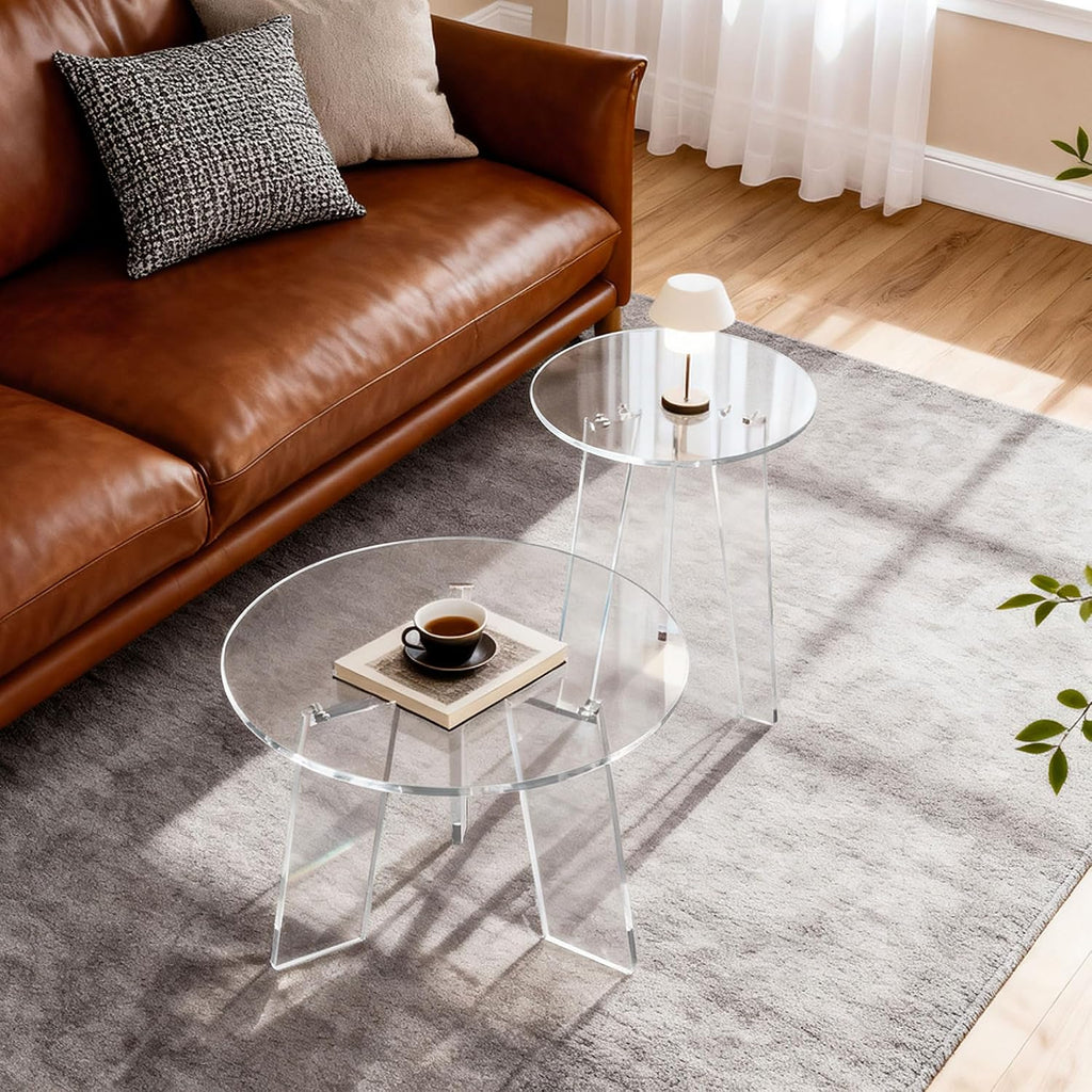 Acrylic Coffee Table Round, Clear Circle Modern Lucite Side Table Legs for Living Room, Bedroom, Office (Clear, 23.6' × 15.7')