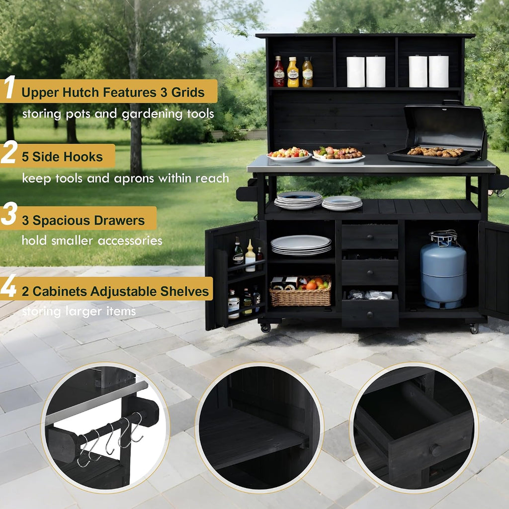 Merax 65''H Large Garden Storage Potting Bench with Lockable Wheels, Wood Outdoor Kitchen Island with Stainless Steel top, Drawers, Door Shelves and Hutch for Grilling, Black