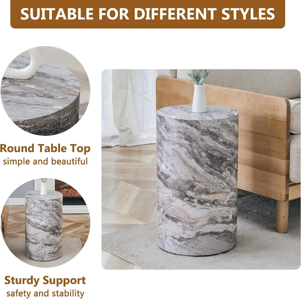 Grey Marble Small Coffee Table Modern Drum-Shape Bedside Table Nightstand for Bedroom Living Room Round Faux Marble Side End Table Beside Sofa Couch -Fully Assembled(12 x 12 x 19.7 H)