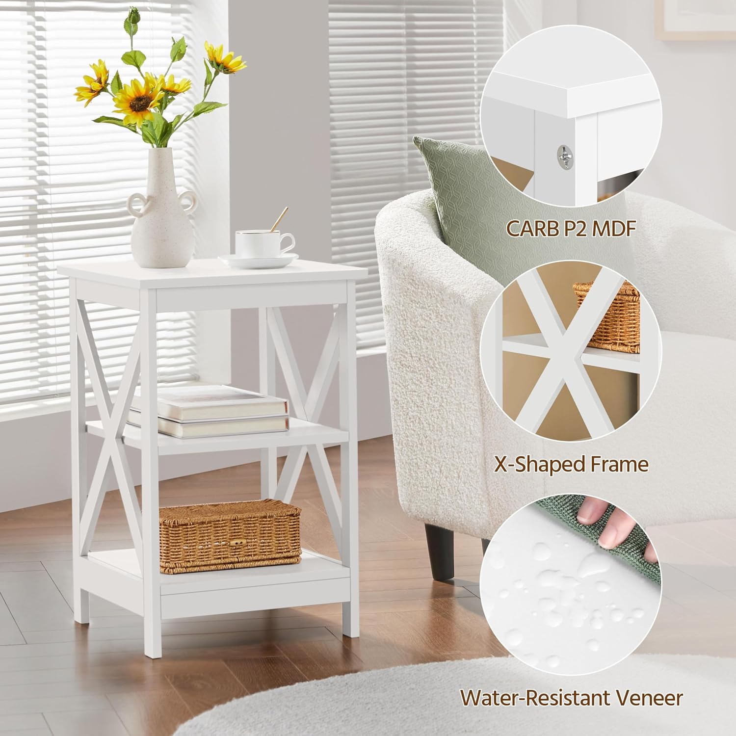 Topeakmart Modern Wood 3-Piece Table Set - Includes 1 Coffee Table w/Shelf & 2 x 3-Tier X Shape Sofa Side End Tables, Living Room Accent Furniture, White
