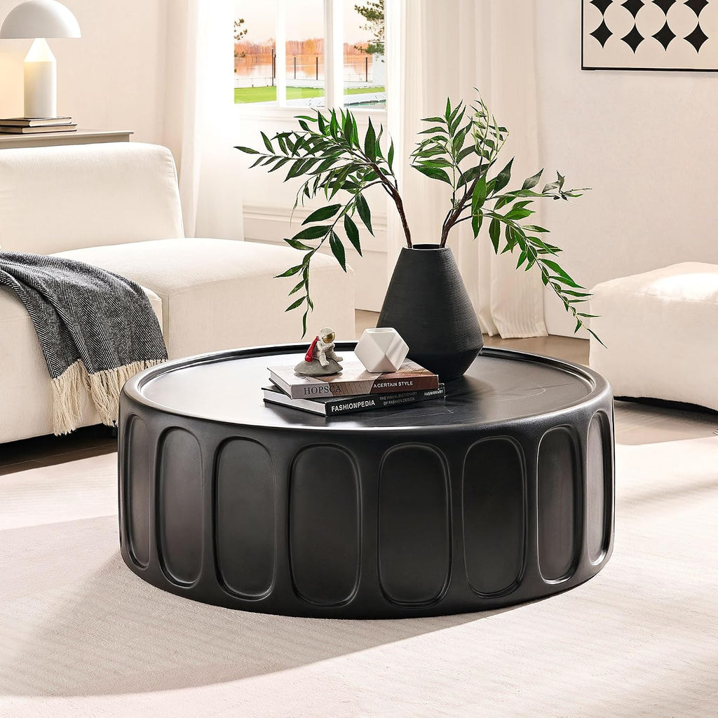 35.43'' Round Center Coffee Table for Living Room Fiberglass Table,Modern Design Coffee Table for Office,Apartment,No Need Assembly,Matte Black
