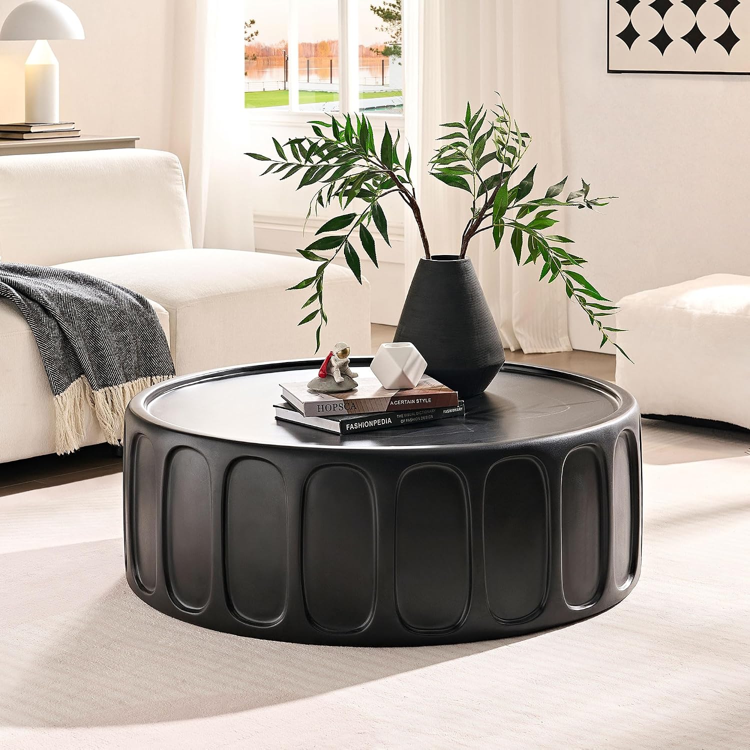 35.43'' Round Center Coffee Table for Living Room Fiberglass Table,Modern Design Coffee Table for Office,Apartment,No Need Assembly,Matte Black