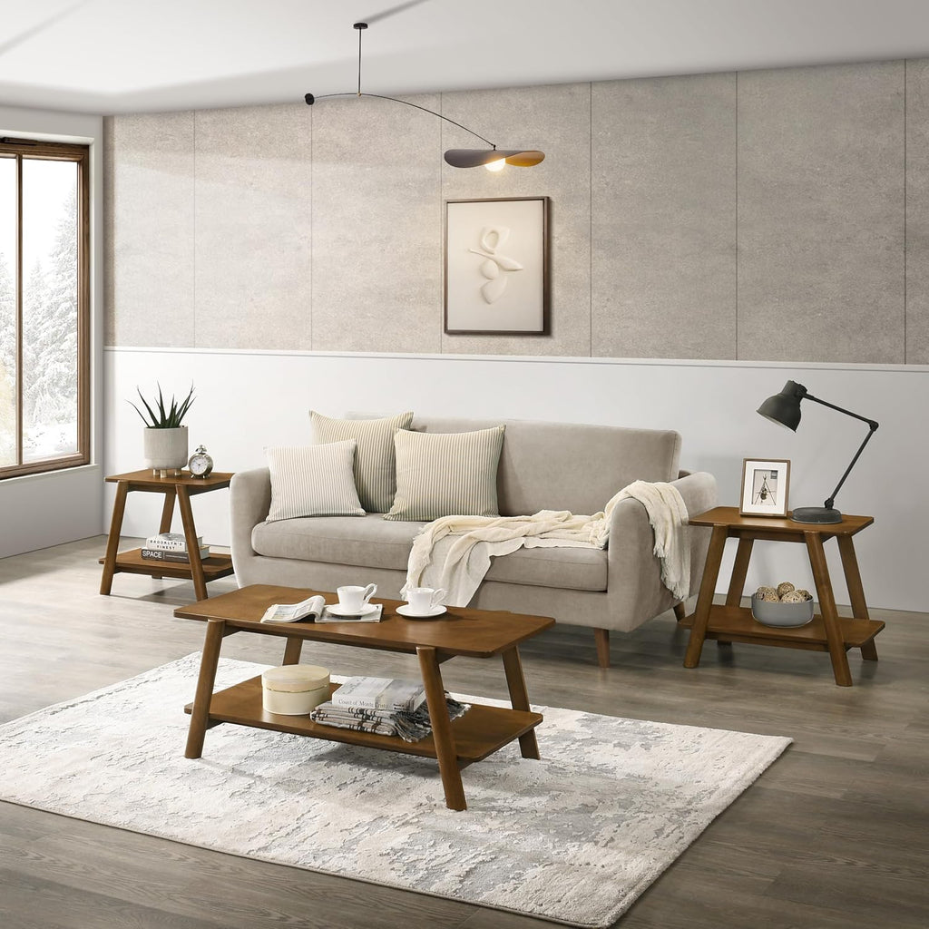 3-Piece Living Room Table Set, Coffee Table& Two End Tables, Side Table with Wood Storage Shelf for Living Room, Bedroom (Walnut, 43.3''L X 17.8''W X 17.72''H)