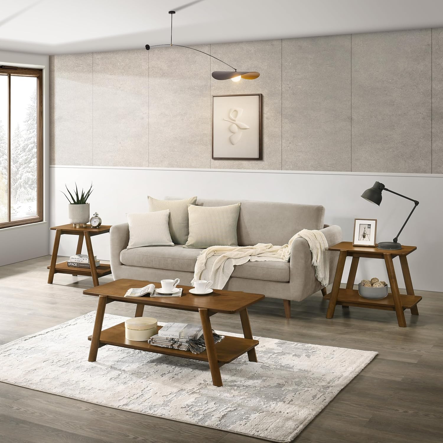 3-Piece Living Room Table Set, Coffee Table& Two End Tables, Side Table with Wood Storage Shelf for Living Room, Bedroom (Walnut, 43.3''L X 17.8''W X 17.72''H)
