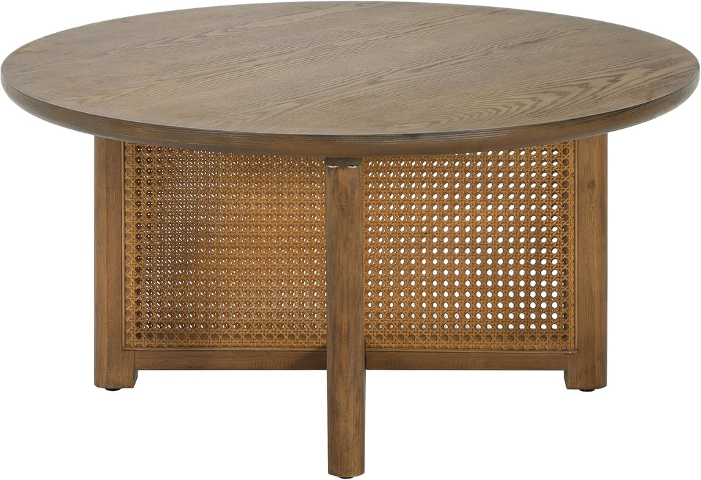 Christopher Knight Home Kiaya Round Coffee Table with PE Woven Design, Wood Coffee Tables for Living Room, Stylish Indoor Round Table, Easy Assembly, Versatile Living Room Furniture, Natural Brown