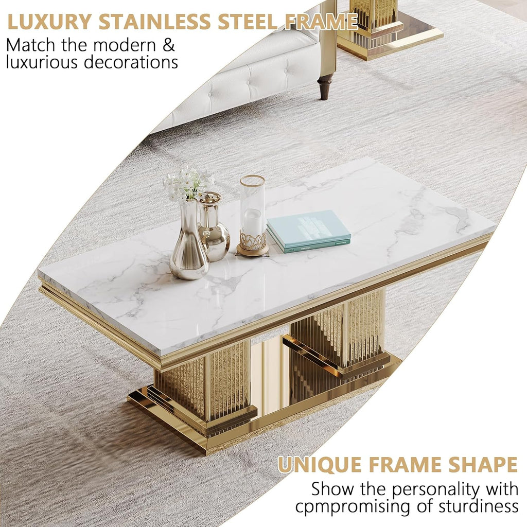 3 Pieces Living Room Table Set, Faux Marble Coffee Table Set of 3, Modern Coffee Table, Console Table and End Table with Column-Shaped Stainless Steel Base for Living Room Office White Gold