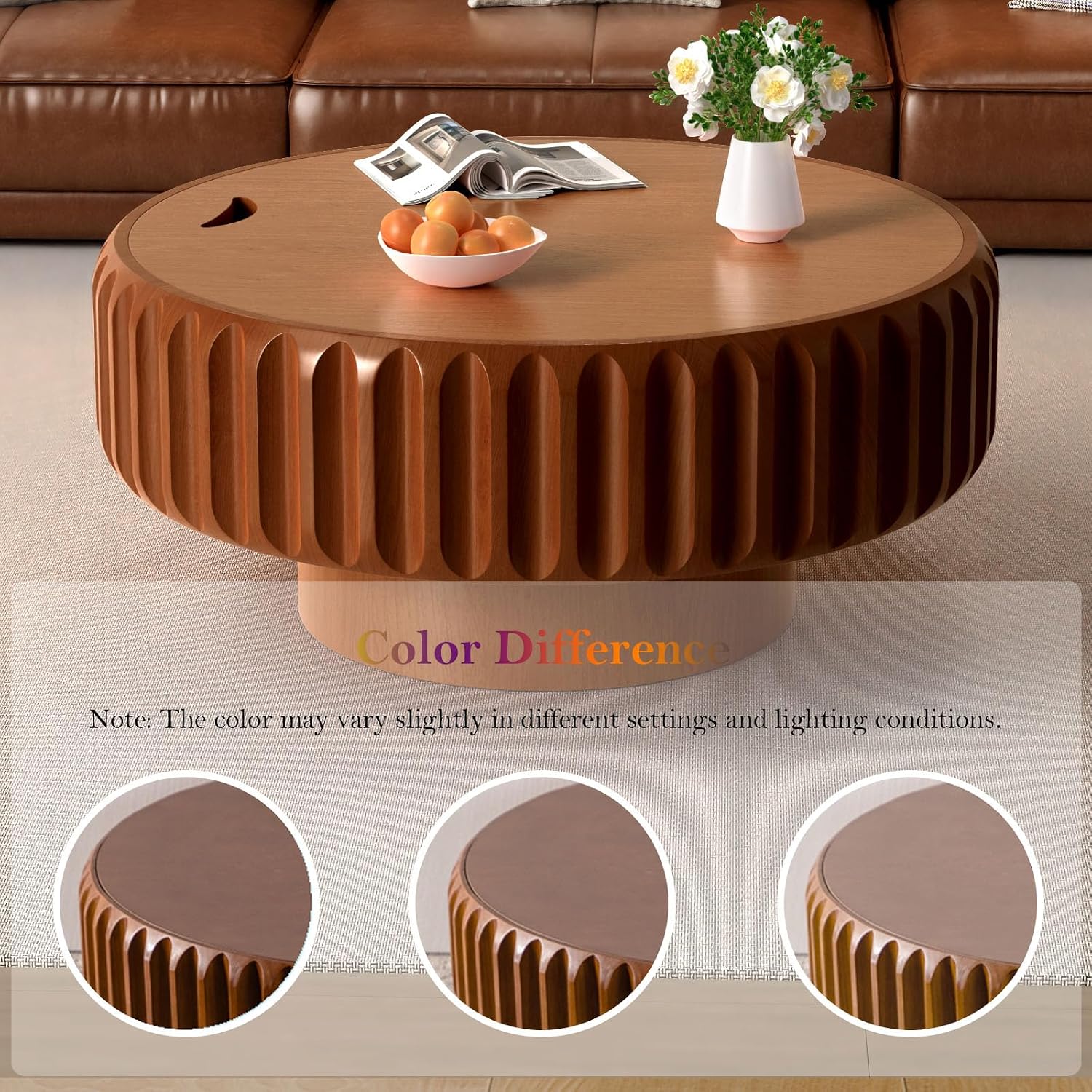 31.5' Drum Coffee Table - Handcraft Solid Wood Edge Stripe Modern Chic Fluted Tea Table with with Storage for Small Space Apartment (D 31.5in)