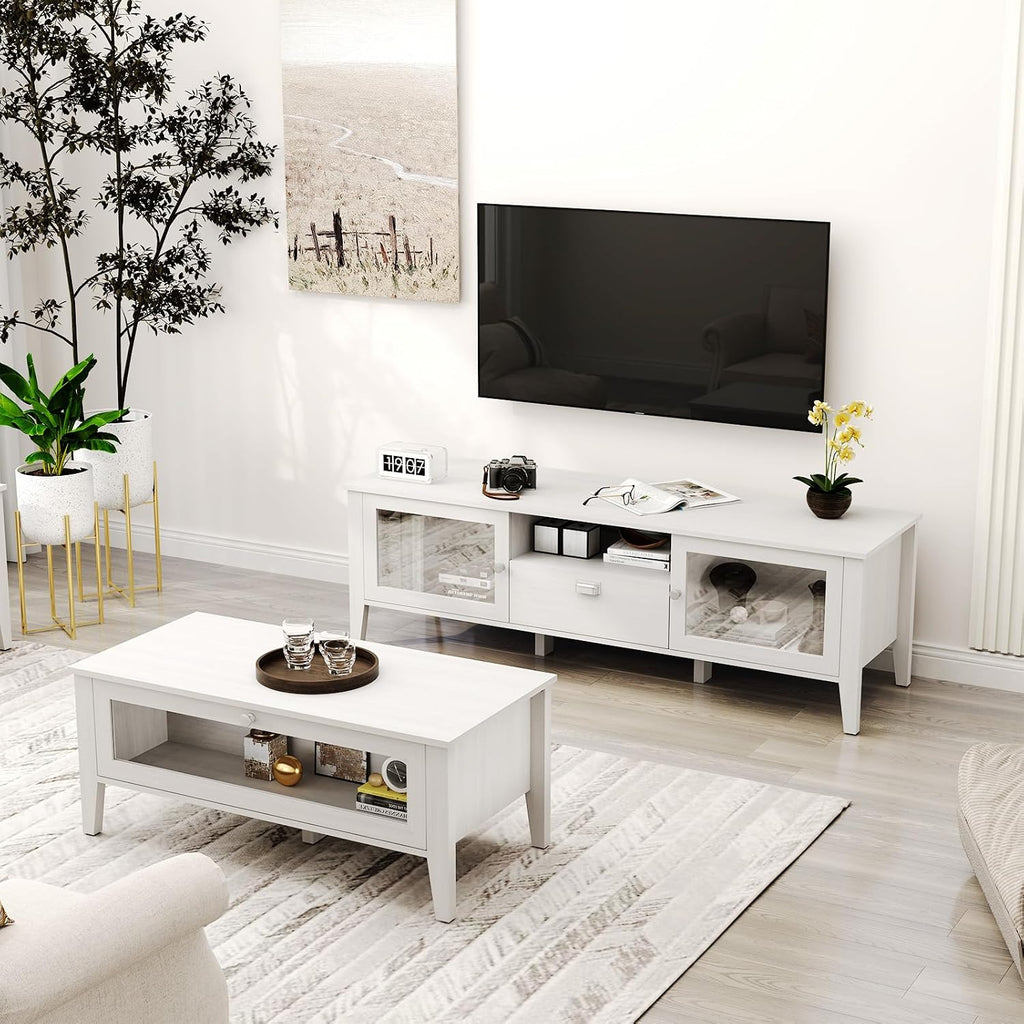 Bonzy Home TV Stand and Coffee Table Set of 2, Modern TV Console Coffee Table Set with Glass Door for up to 65' TV, Wooden TV Stand Set with Storage Drawer for Living Room, White
