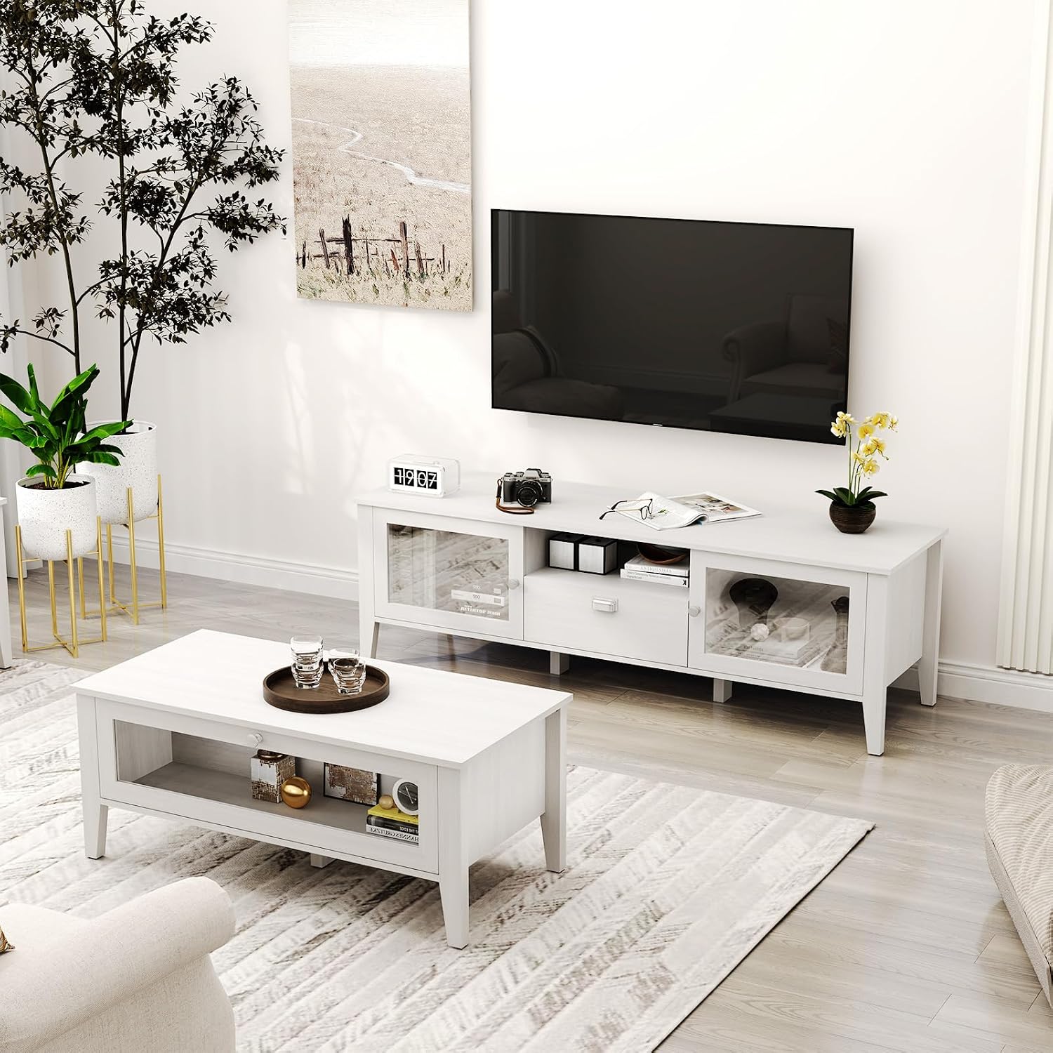Bonzy Home TV Stand and Coffee Table Set of 2, Modern TV Console Coffee Table Set with Glass Door for up to 65' TV, Wooden TV Stand Set with Storage Drawer for Living Room, White