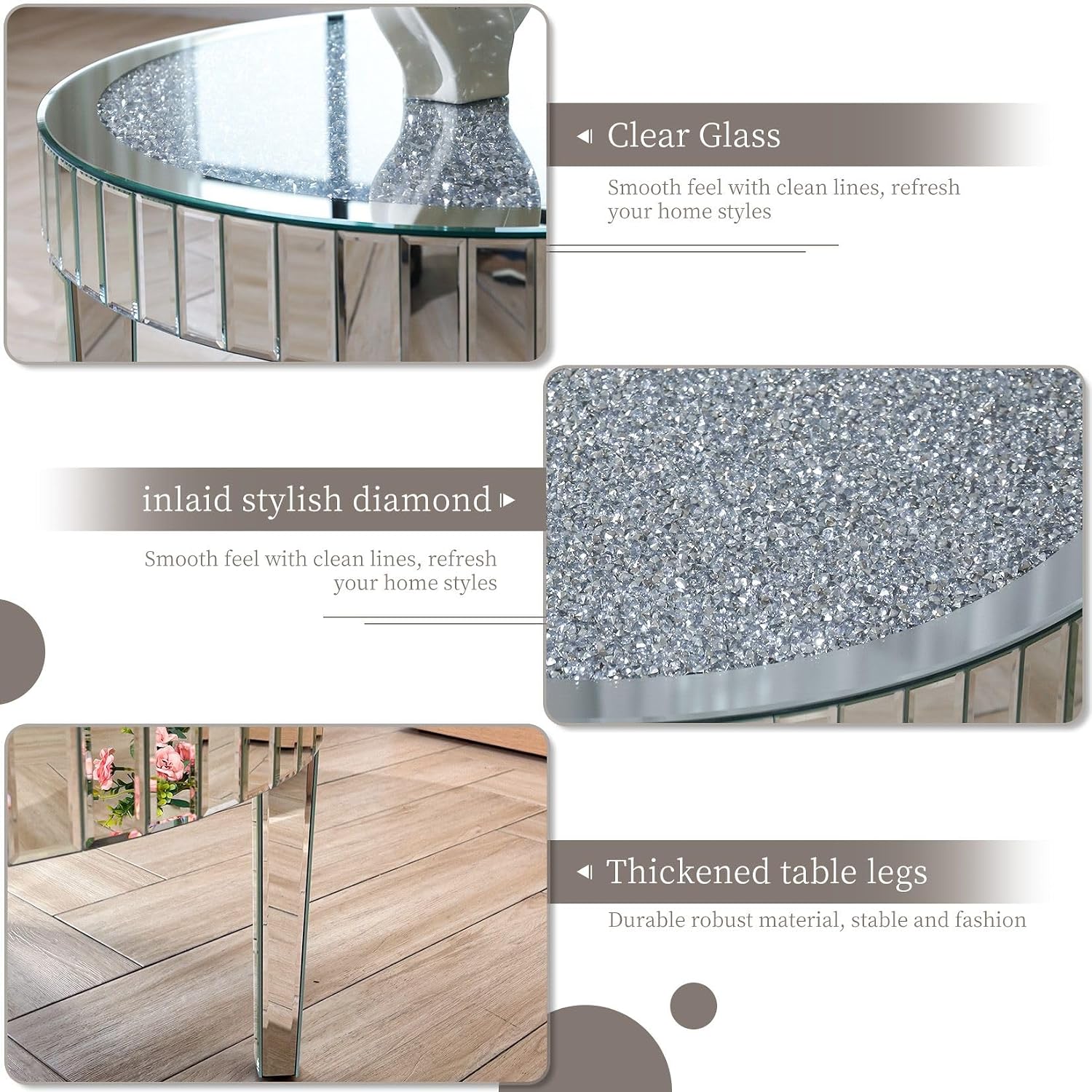 Silver Mirrored Coffee Table: 31.5 inch Round Crystal Glass Mirror Tabletop Crushed Diamond