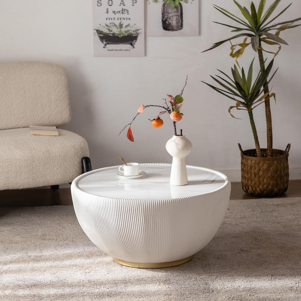 29.53' Round Coffee Table, Modern Cocktail Tables with Decorative Vertical Texture, 29.53 inch White Bowl Center Tables, Accent Sintered Stone Coffee Table for Living Room Apartment Office