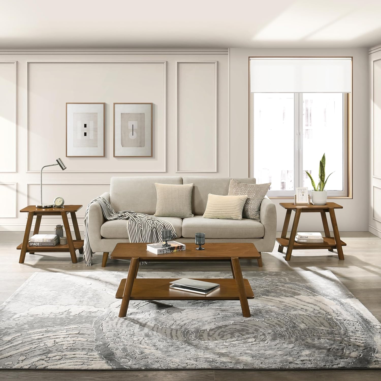 3-Piece Living Room Table Set, Coffee Table& Two End Tables, Side Table with Wood Storage Shelf for Living Room, Bedroom (Walnut, 43.3''L X 17.8''W X 17.72''H)