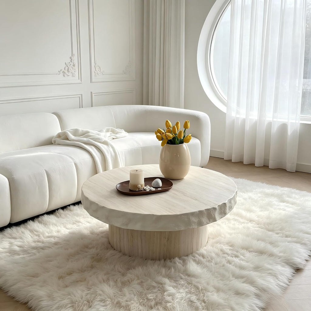 Round Coffee Table for Living Room Small Modern Faux Marble Center Circle Side Drum Accent Farmhouse Coffee Tables Mid Century for Apartment Bedroom Office Balcony (31.7' x 13') Beige